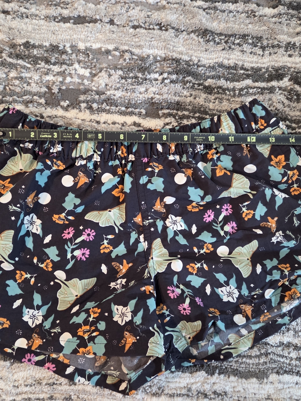 Patagonia Black Shorts with Teal, Orange, Pink & Cream Floral Moth Print